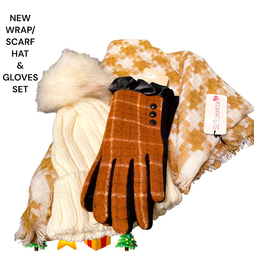 NWT 3 PIECE SET SMART TOUCH GLOVES, SOFT WRAP/SCARF & WHITE POMPOM HAT, WARM,